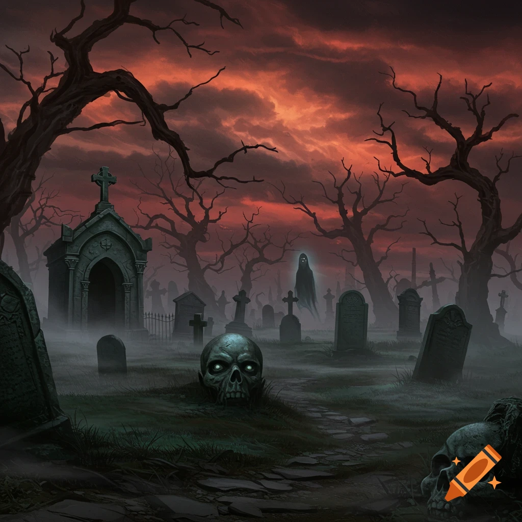 A spooky, misty graveyard at dusk with a mausoleum, bare trees, gravestones, a glowing ghost, and skulls.