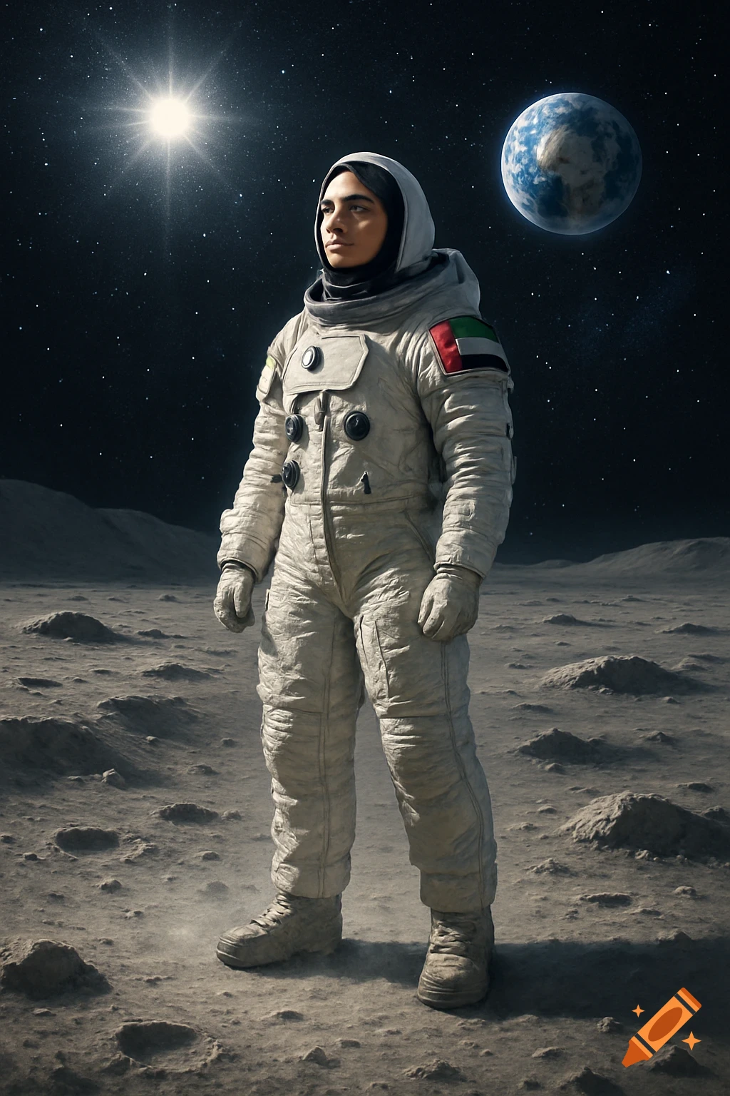 Photorealistic image of an Emirati woman astronaut in a white suit standing on the Moon, with a bright sun and Earth in the starry background.