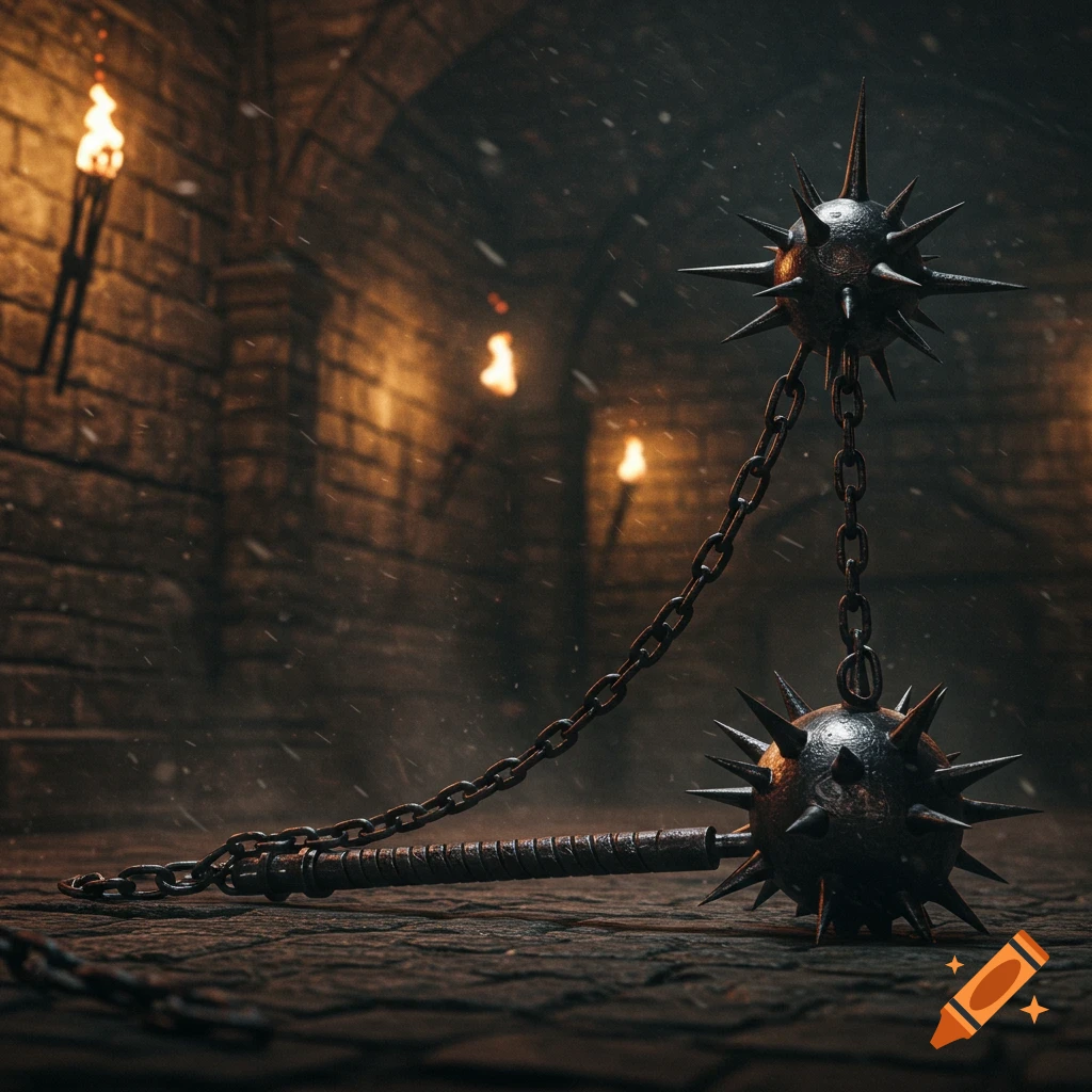 A two-headed flail weapon with spiked balls and chains lies on a stone dungeon floor under torchlight, with snow falling.