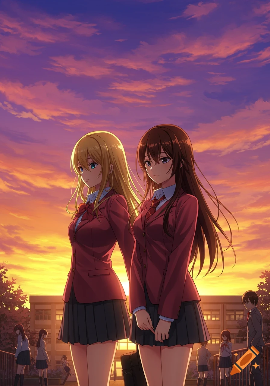 Two anime girls in school uniforms stand backlit by a vibrant orange and purple sunset in front of a school.