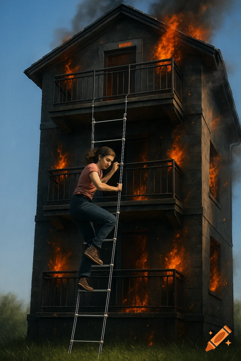 A woman climbs down a ladder from a burning three-story house against a blue sky, with green grass below.