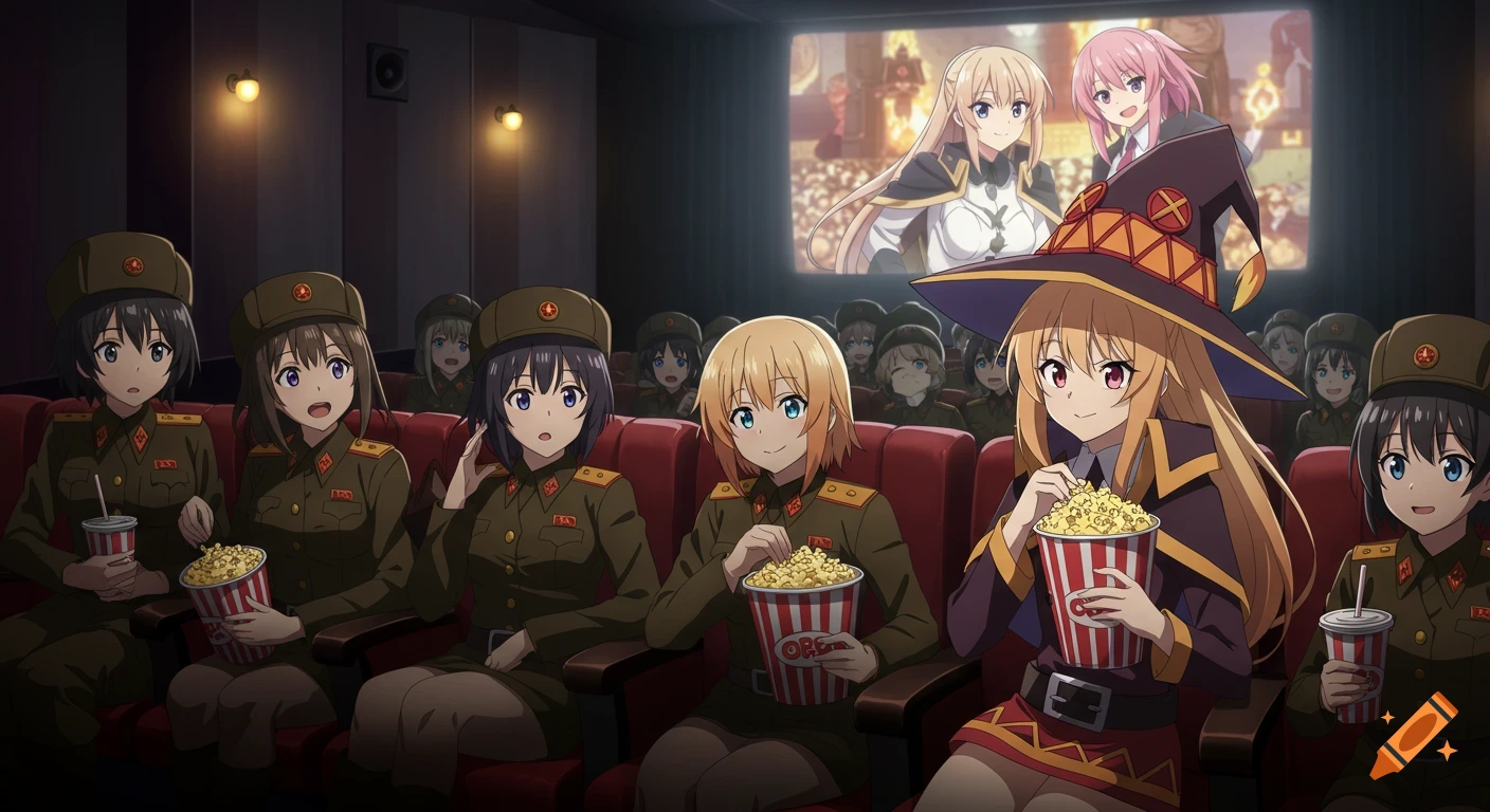 Anime girls in olive green military uniforms watch an anime on a large screen in a dark movie theater, eating popcorn and drinking soda.