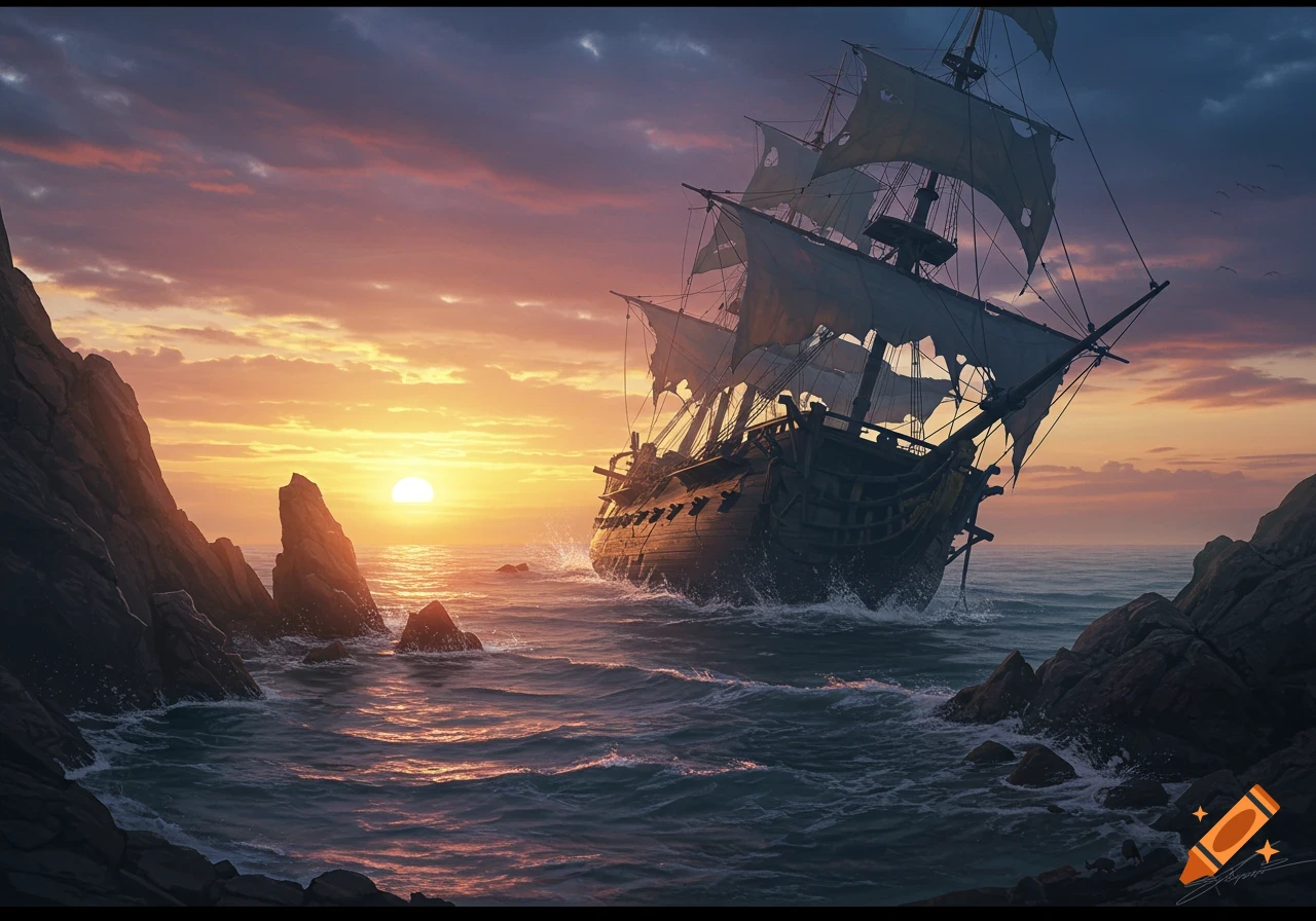 A dramatic painting of a wrecked sailing warship listing near a rocky coast at sunset.