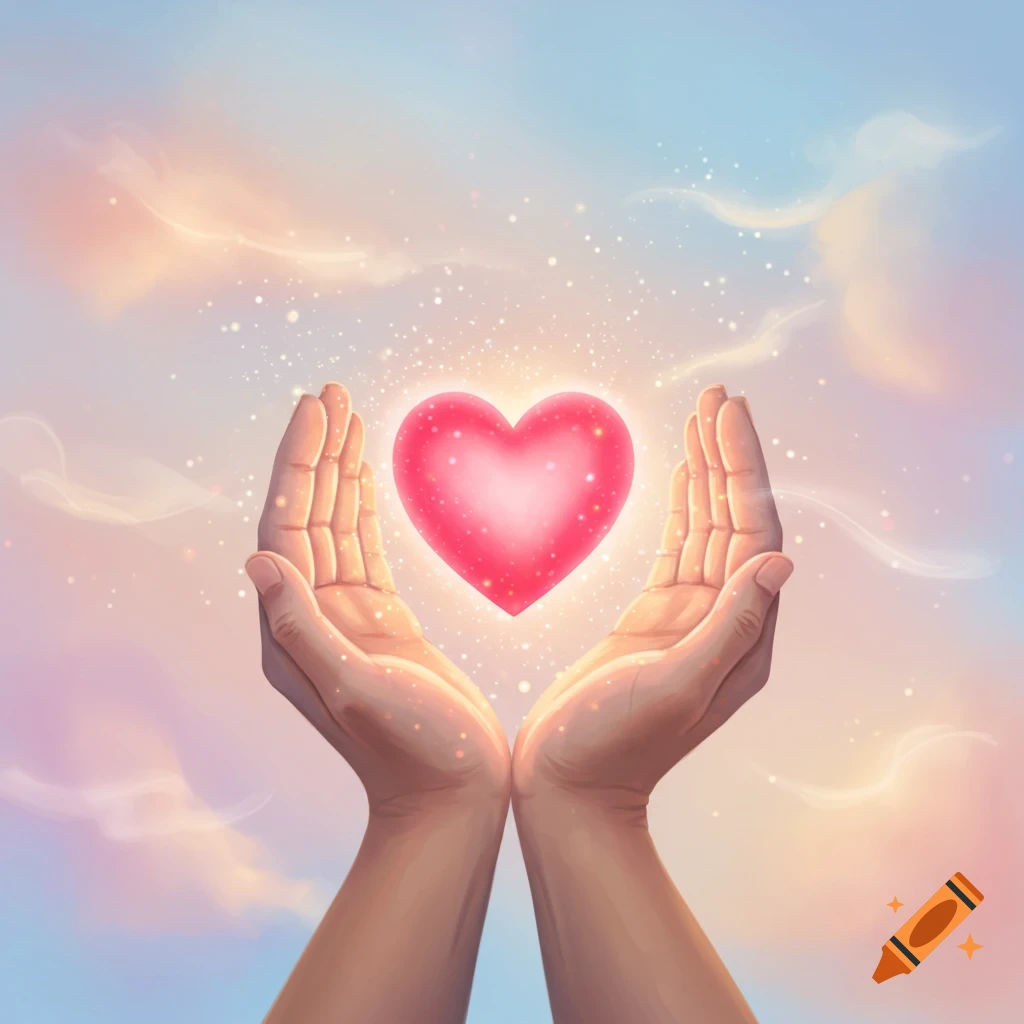 Two cupped hands hold a glowing pink heart radiating light against a soft pastel sky with subtle clouds and sparkles.