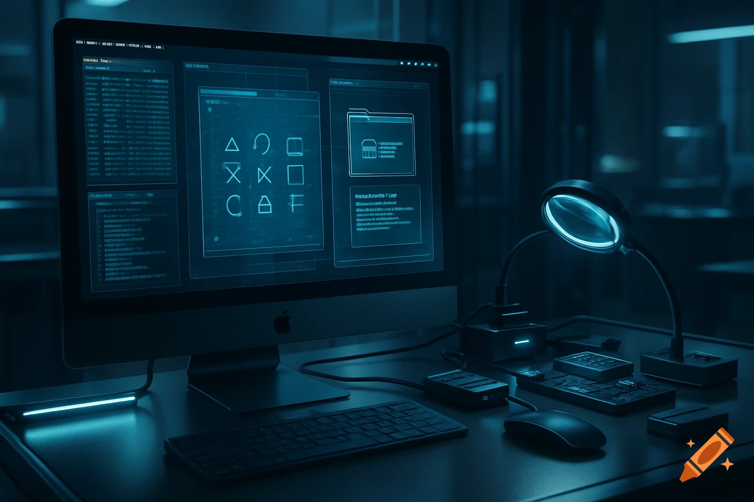 A dark, glowing blue image of a desktop computer setup with a macOS computer displaying forensic data and various tech gadgets.