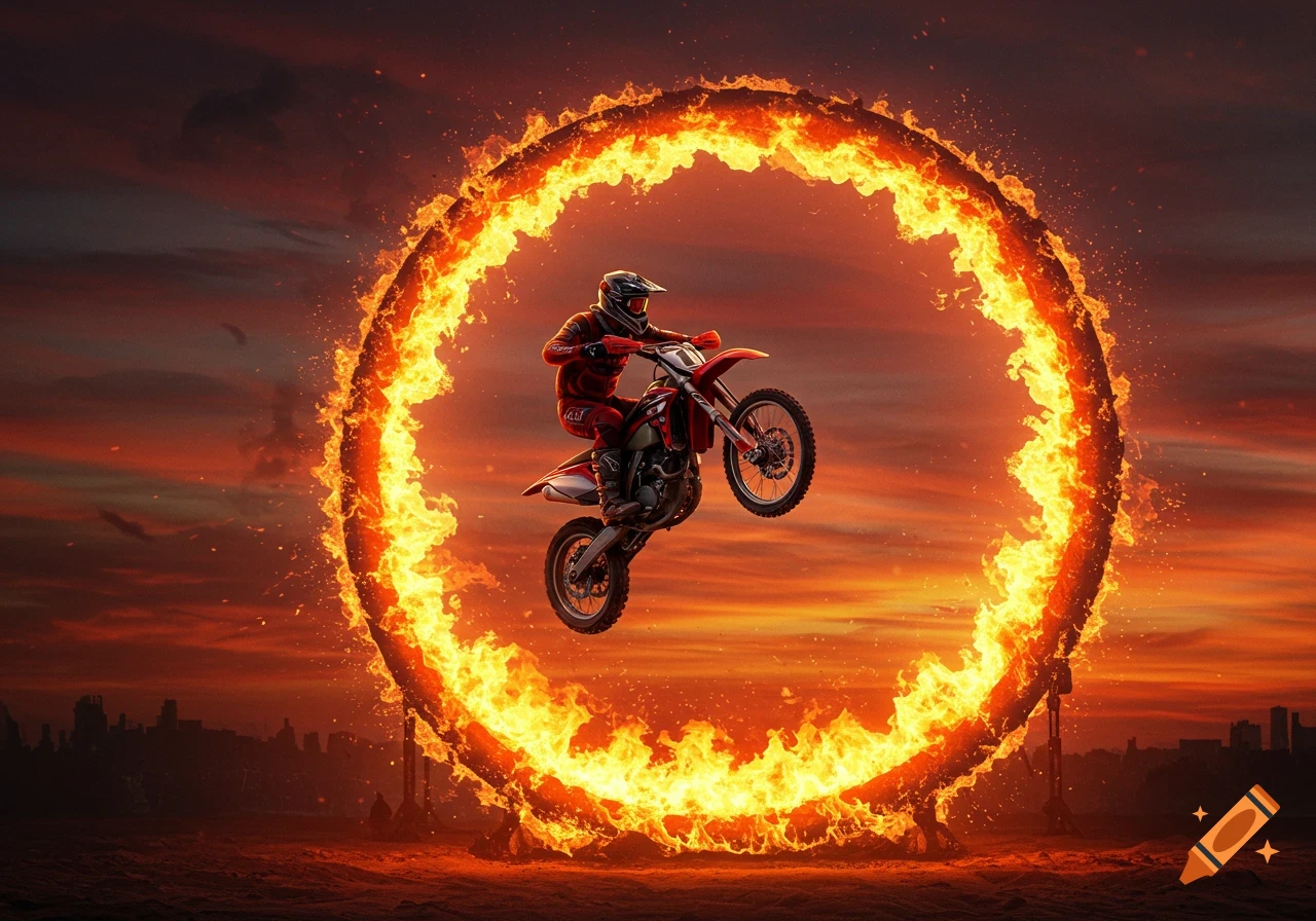 A photorealistic motocross rider jumps a wheelie through a large burning hoop at sunset with a city silhouette in the background.