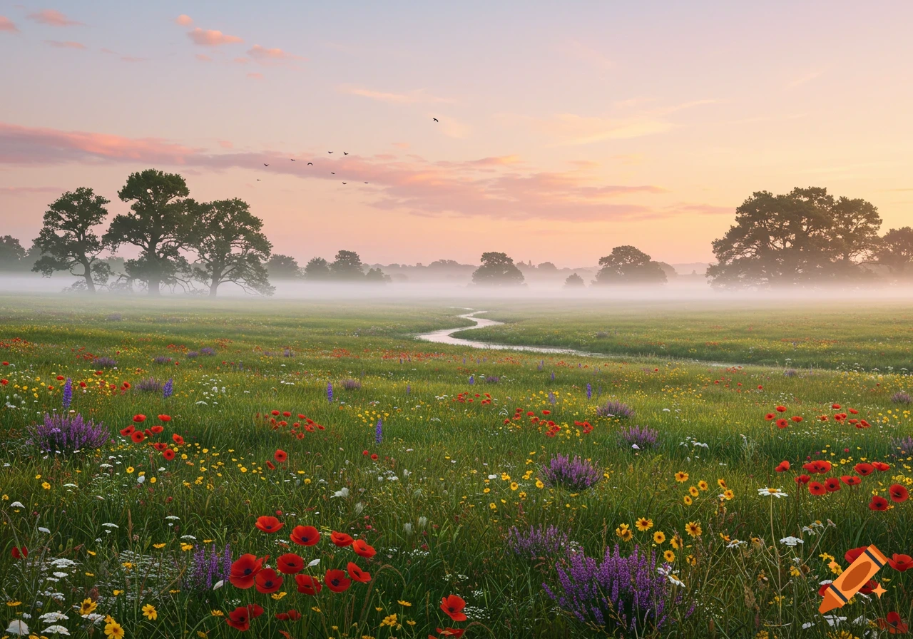 A misty meadow at dawn, with colorful wildflowers in the foreground and ...