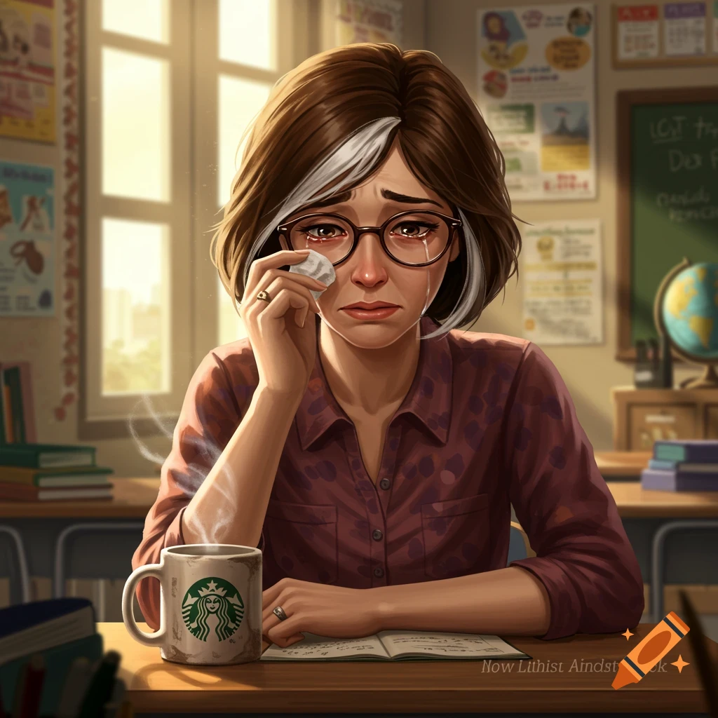 A crying female teacher with brown and white bobbed hair and glasses sits at a desk in a classroom, holding a tissue and looking distressed, with a steaming Starbucks mug beside her.