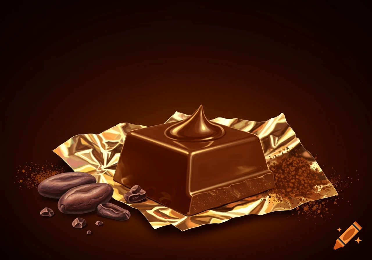 A square chocolate candy with a chocolate swirl on top, resting on gold foil, surrounded by cocoa beans and powder on a dark brown background.