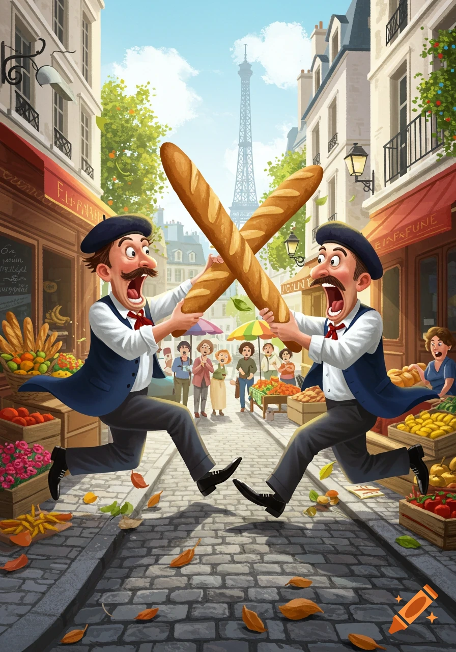 Two screaming cartoon men in berets charge at each other, comically dueling with baguettes in a bustling Parisian street market with the Eiffel Tower in the background.