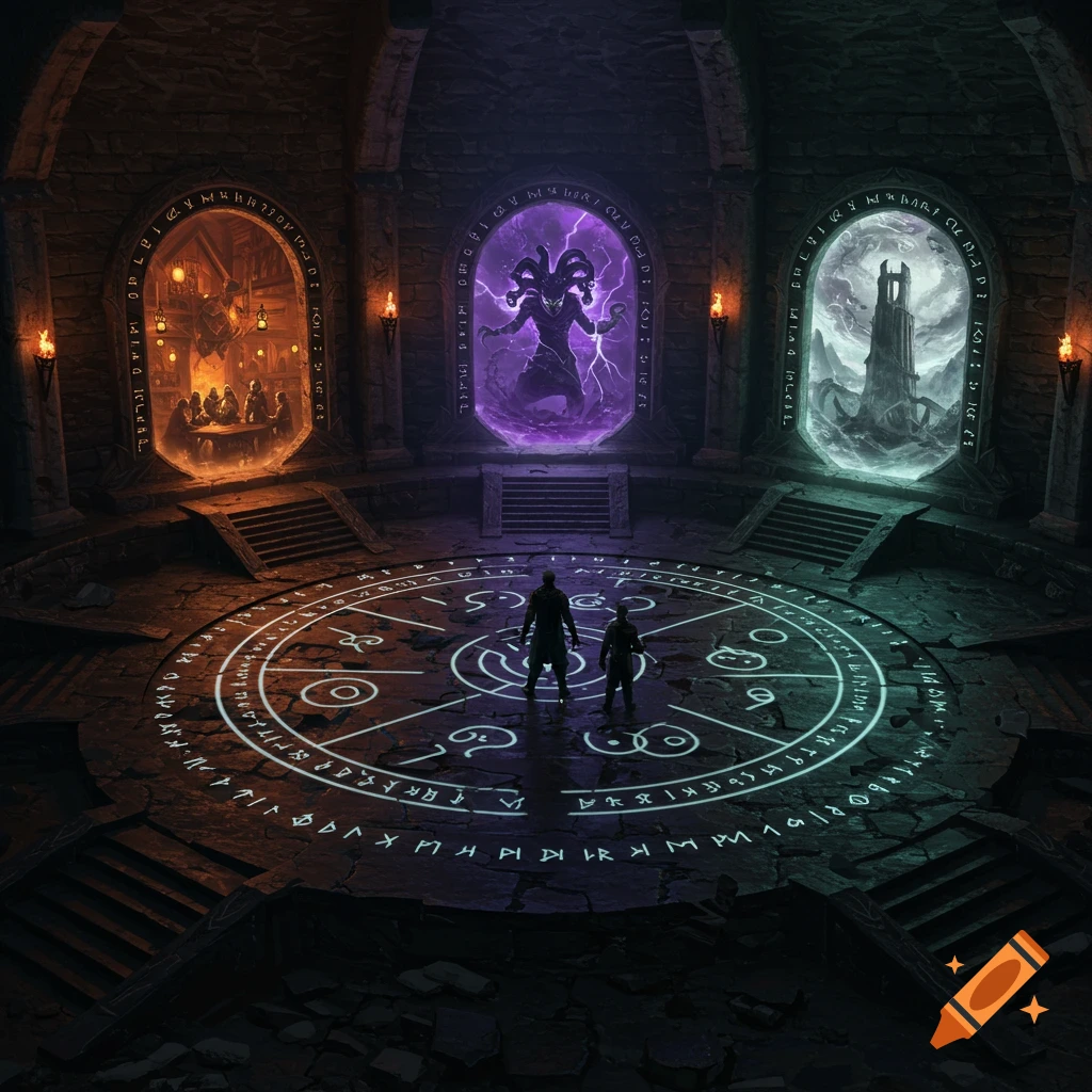 Two adventurers stand on a glowing runic circle in a dark stone chamber, facing three magical portals depicting a tavern, a skeletal monster, and a broken tower. Fantasy concept art.