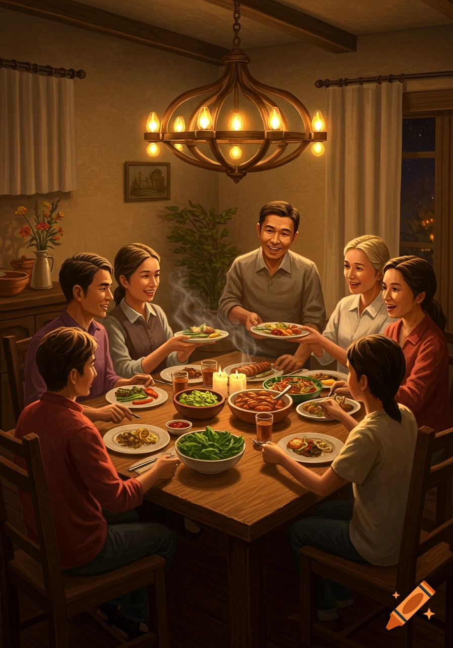 An illustrated Asian family enjoys a warm dinner around a wooden table in a cozy, warmly lit room.