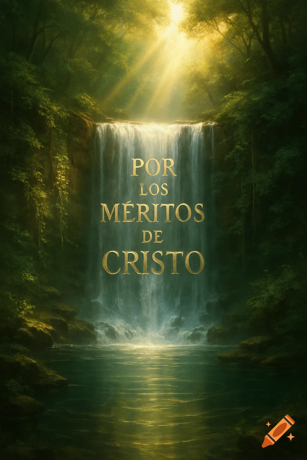 Golden text 'POR LOS M ITOS DE CRISTO' on a lush waterfall in a forest with sun rays shining through trees.