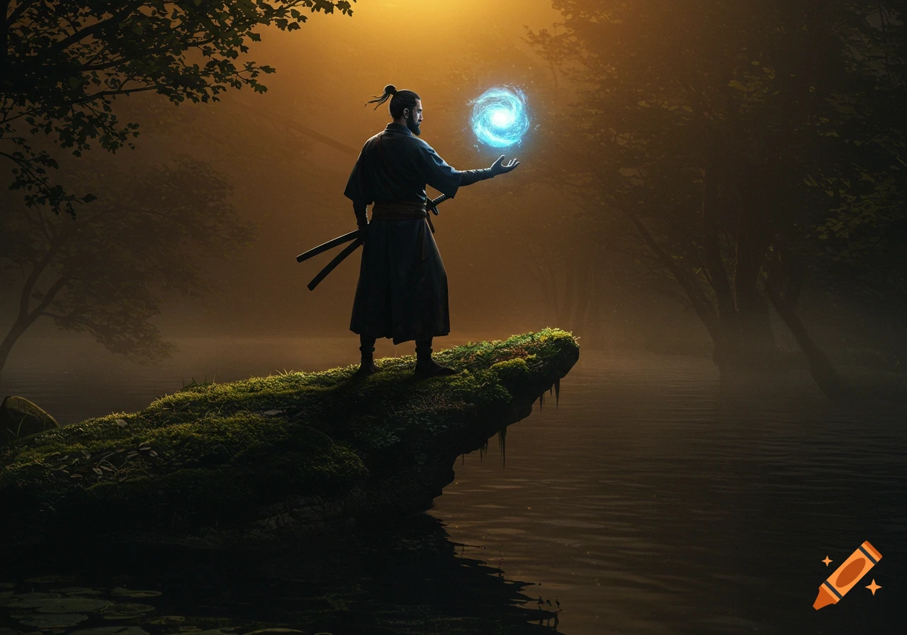 A stoic samurai on a moss-covered rock in a misty lake holds a swirling blue energy ball in cinematic golden hour lighting.