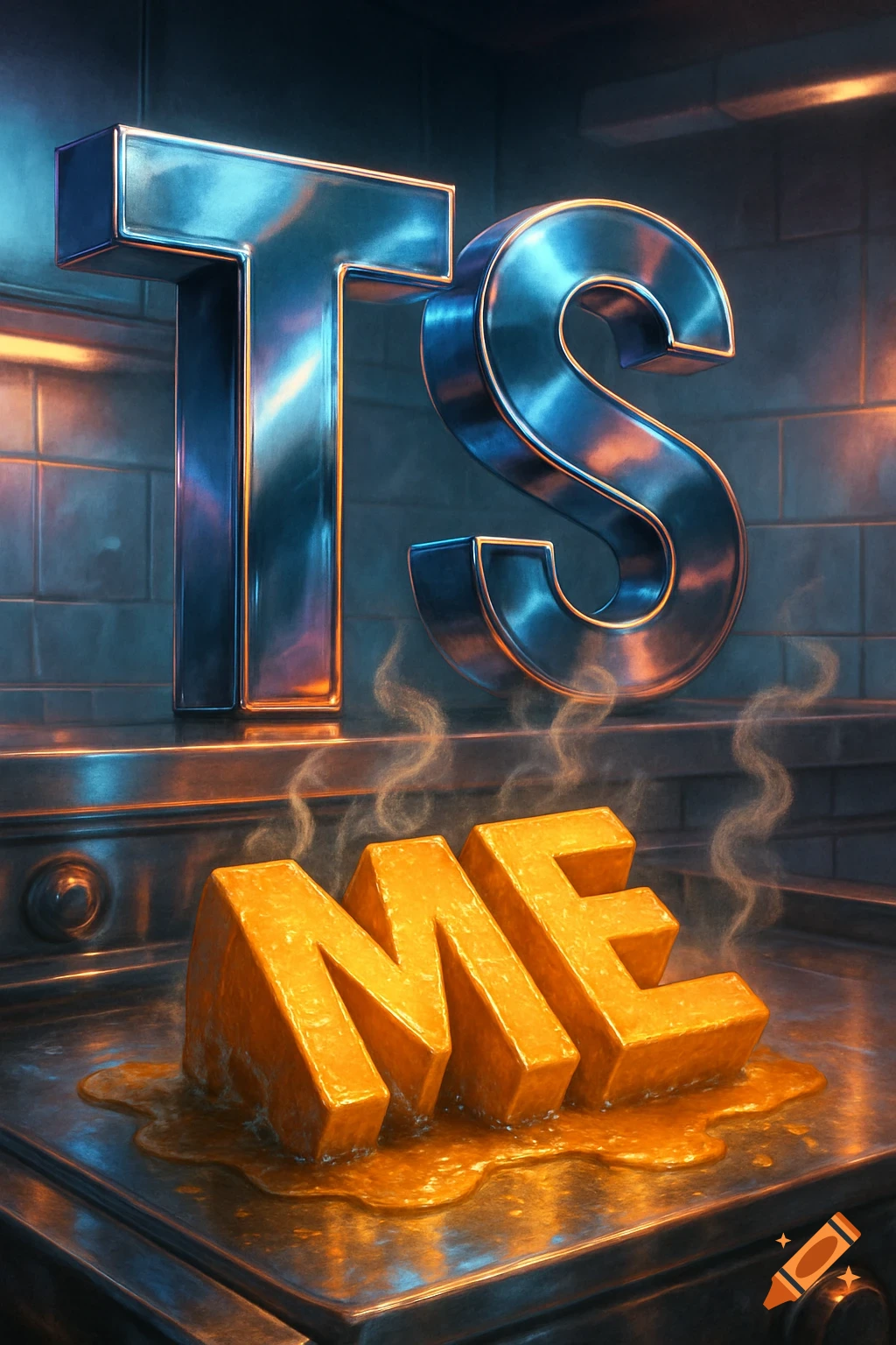 Metallic blue letters 'TS' hover above golden, melting letters 'ME' sizzling on a hot, metallic griddle with steam rising.