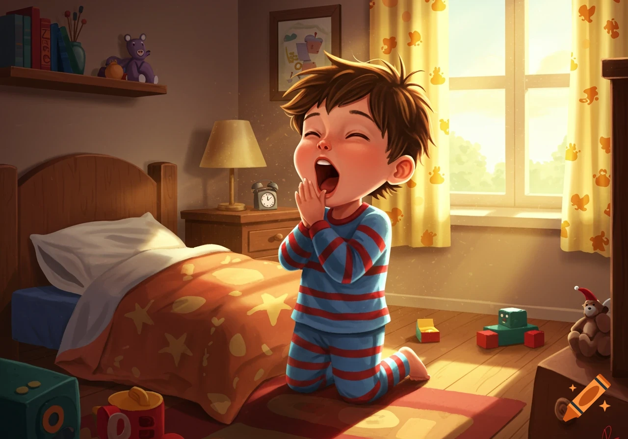 A cartoon boy in striped pajamas yawns widely while kneeling by his bed in a sunlit bedroom.