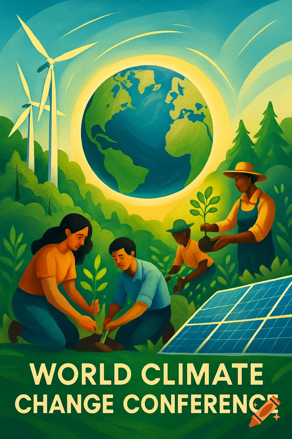 A vibrant illustration of people planting trees with wind turbines, solar panels, and Earth in the background, promoting climate action.