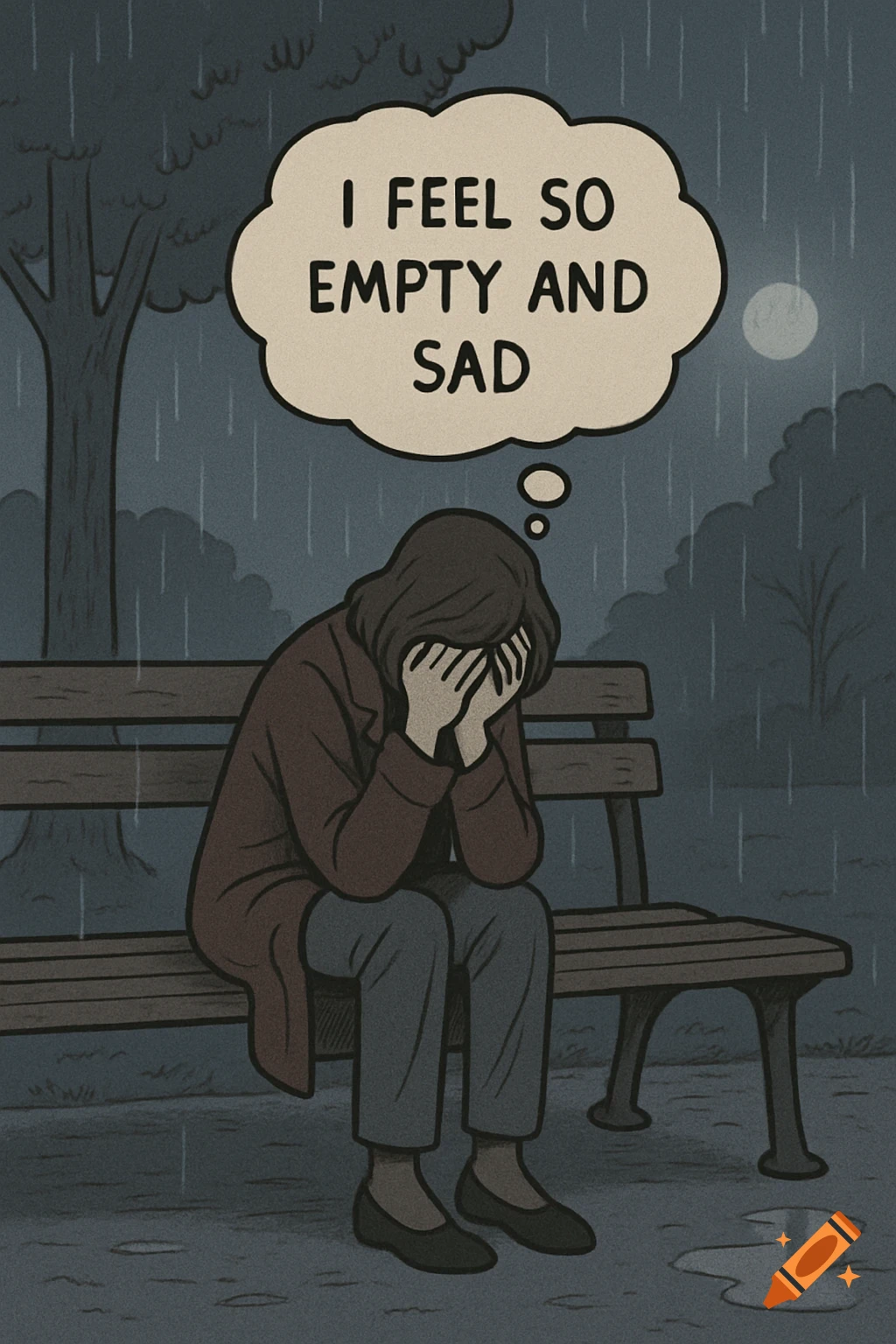 Comic illustration of a sad woman crying with her face in her hands on a park bench in the rain at night, with a thought bubble stating 'I FEEL SO EMPTY AND SAD'.