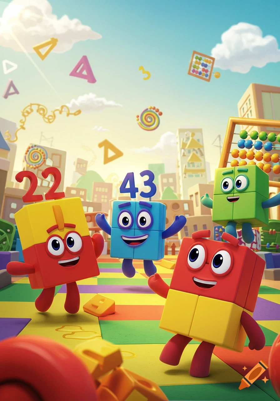 Smiling cartoon block characters with numbers 22 and 43 on them, in a bright, playful city scene with floating math symbols.
