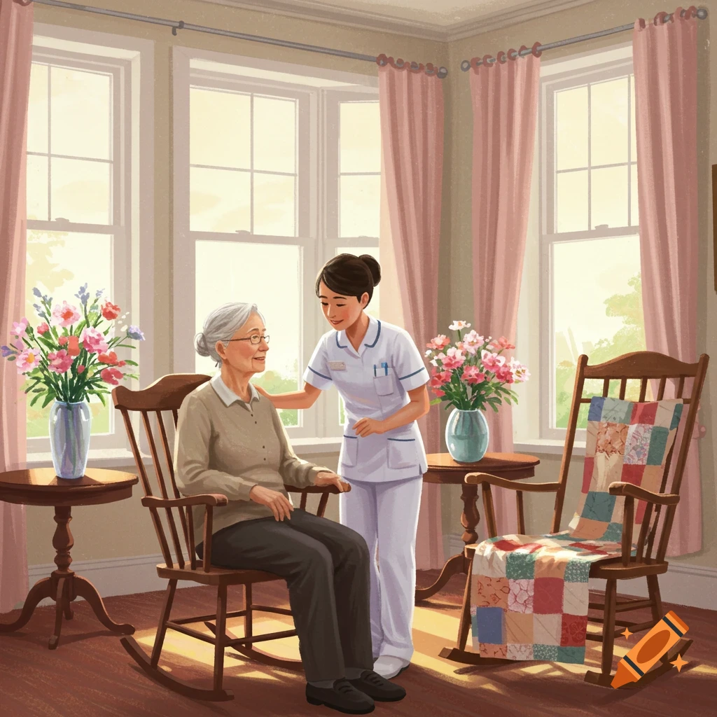 An illustration shows a nurse gently tending to an elderly woman seated in a rocking chair in a brightly lit room.