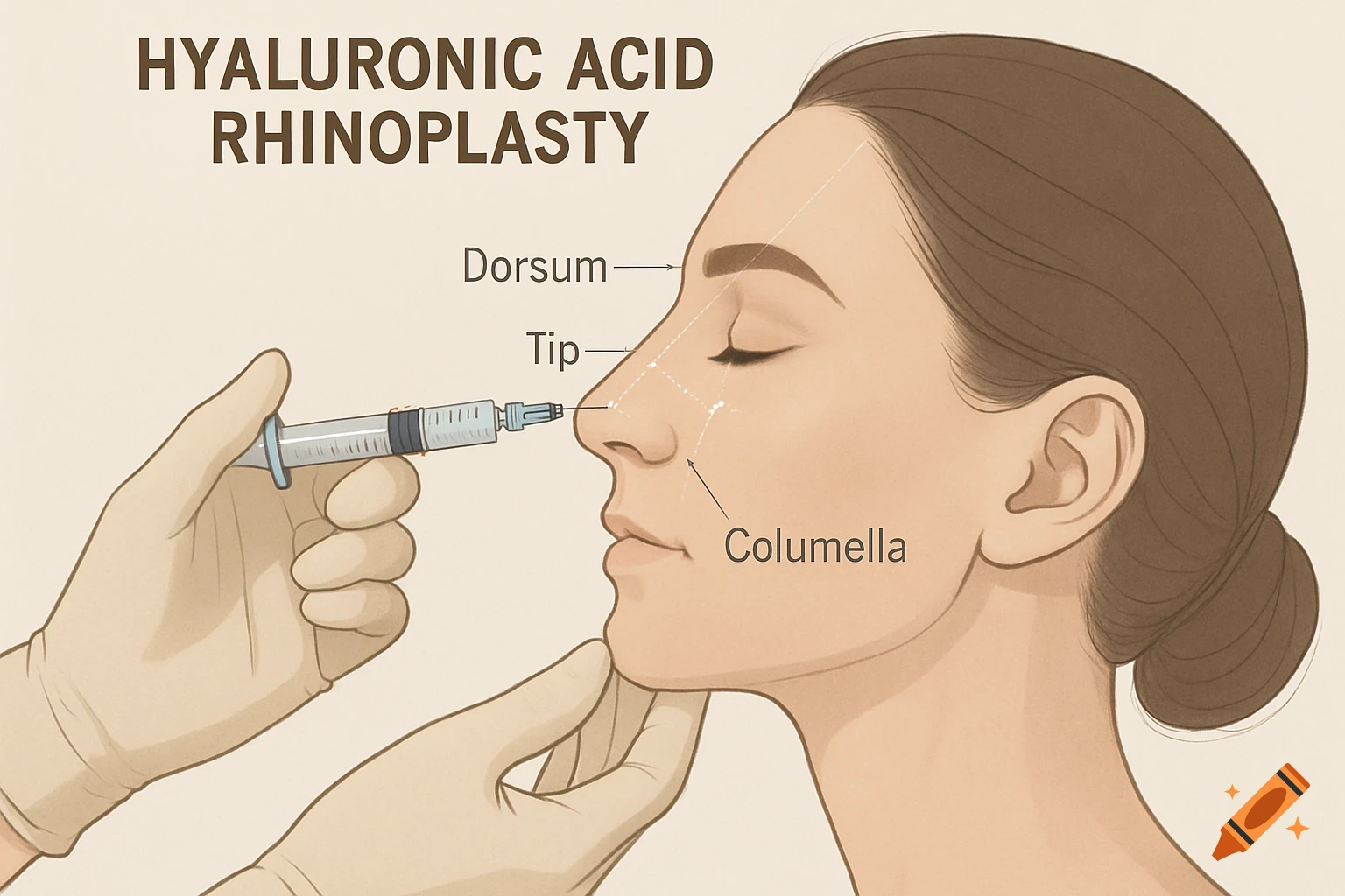 Illustration of hyaluronic acid rhinoplasty on a woman's nose with labels for anatomical features.