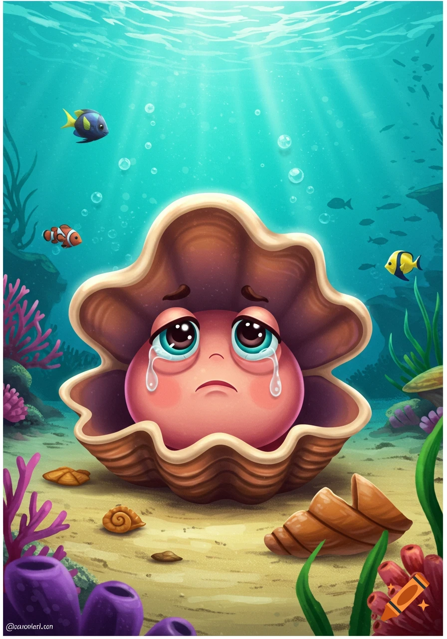 A cartoon pink pearl with tears in its eyes sits sadly in an open clam shell on the ocean floor, surrounded by colorful marine life.