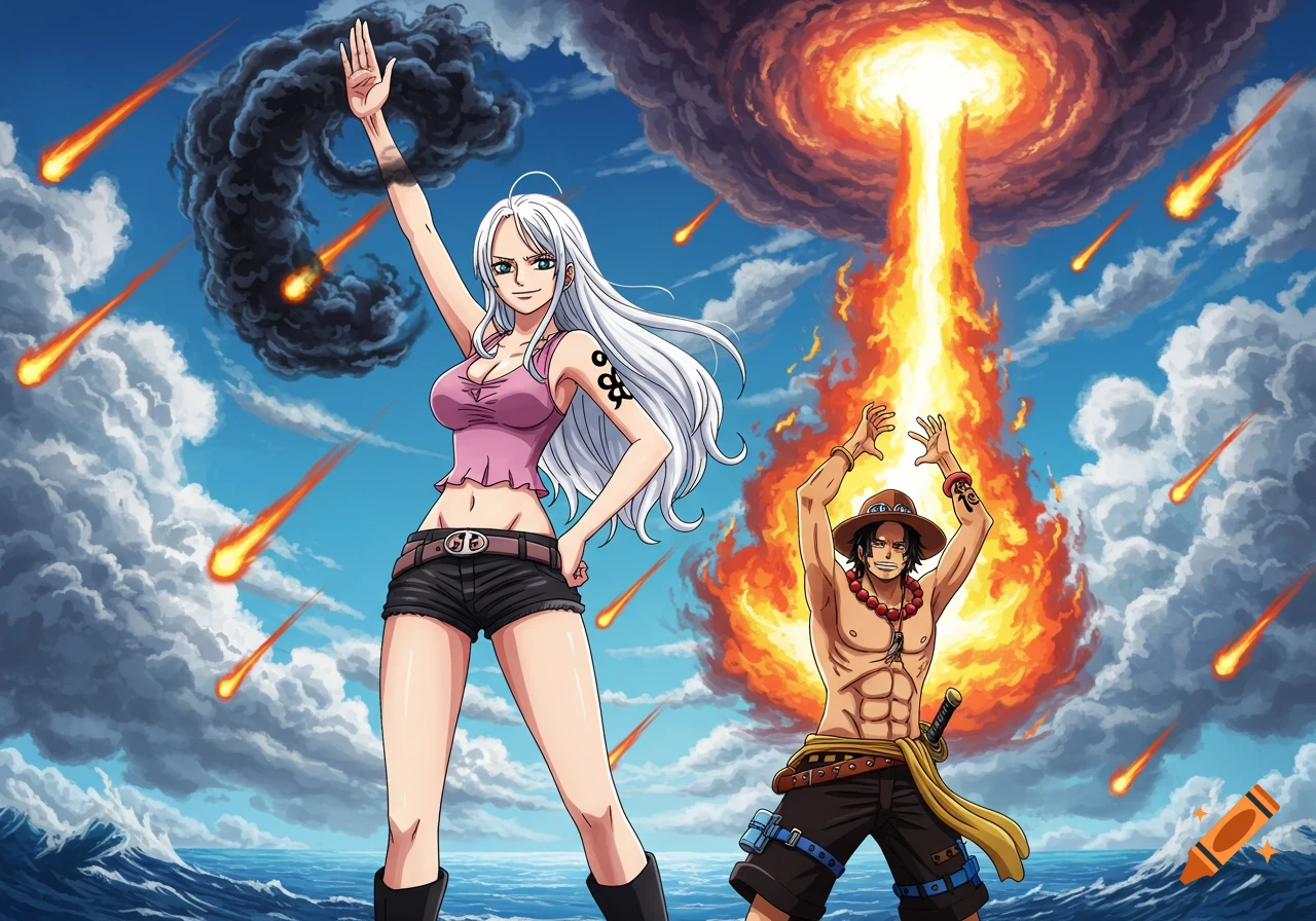 Anime style art of a white-haired woman conjuring dark clouds and Portgas D. Ace conjuring fire, with meteors raining in a stormy sky over the ocean.