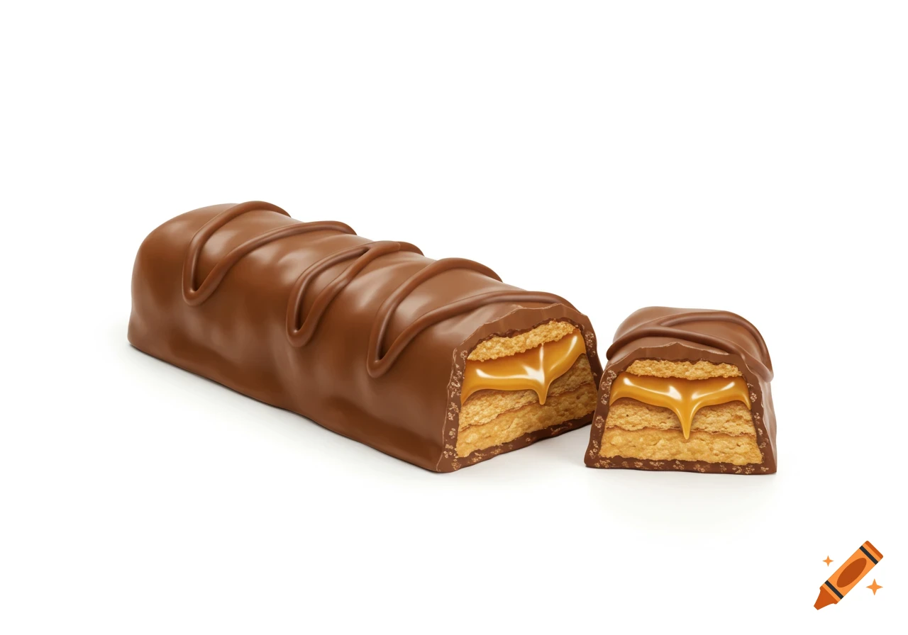 A photorealistic image of a chocolate bar, cut in half to show layers of biscuit and dripping caramel, on a white background.