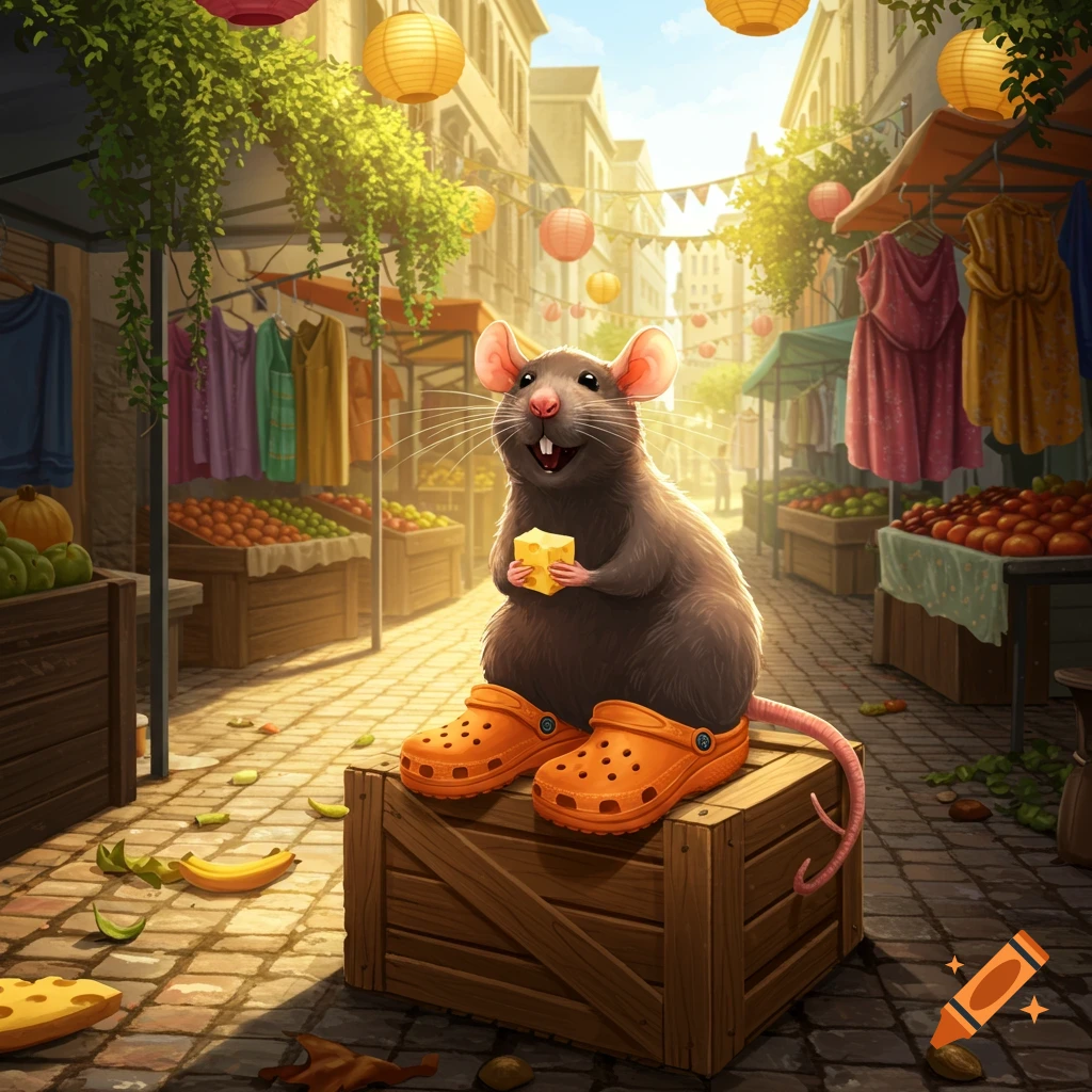 A happy rat wearing orange Crocs sits on a wooden crate in a bustling ...