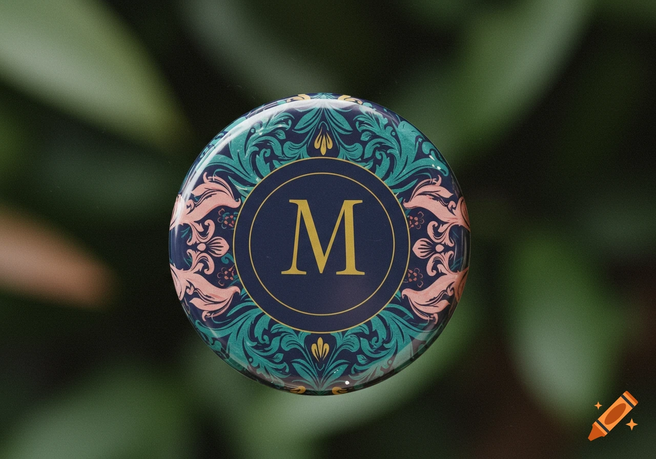 A close-up of a round personalized magnet with a gold letter 'M' on a dark blue background, surrounded by teal and pink floral patterns. The magnet has a glossy finish and is set against a blurred green leafy background.