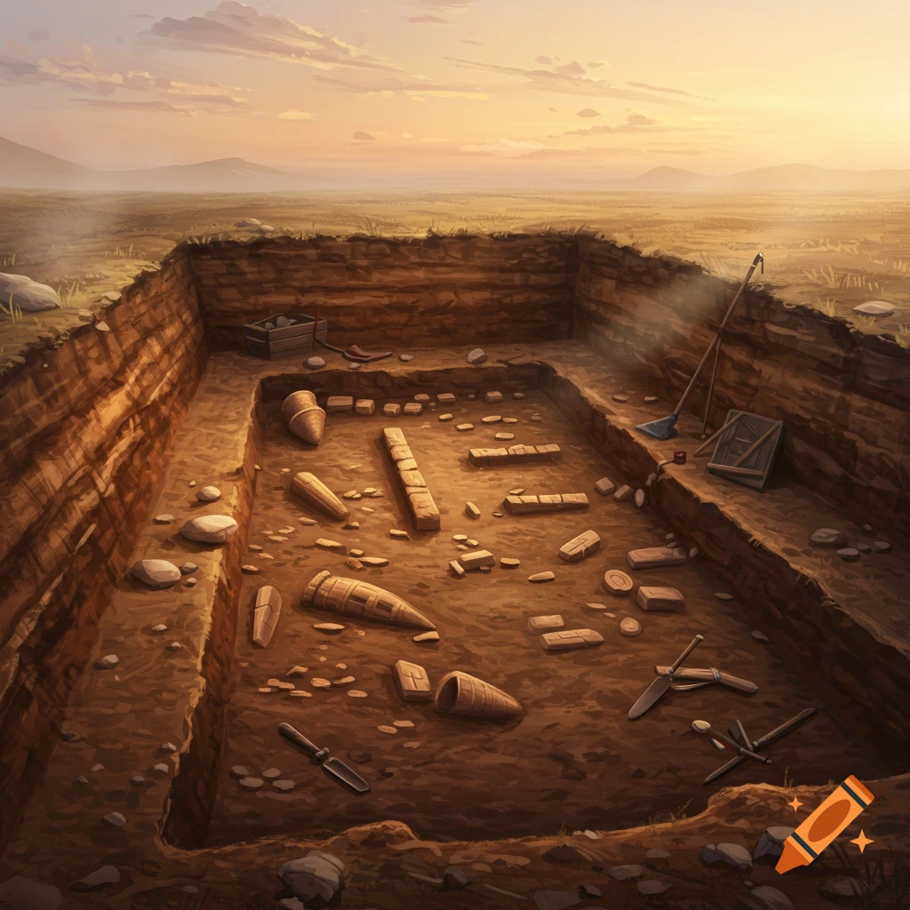 An archaeological dig site trench filled with ancient pottery and stone artifacts, surrounded by tools under a sunset sky.