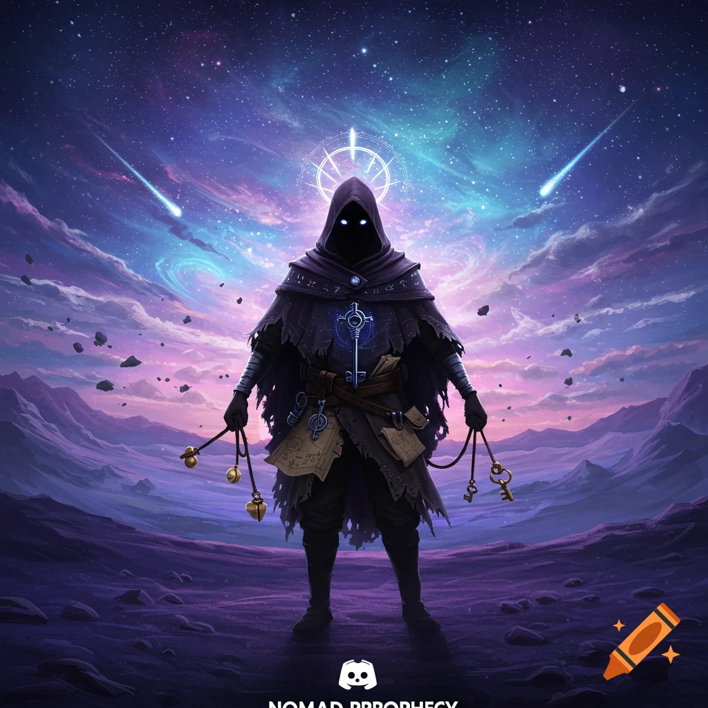 Mysterious hooded figure with glowing eyes and key symbol stands in a cosmic landscape with shooting stars, purple and blue sky.