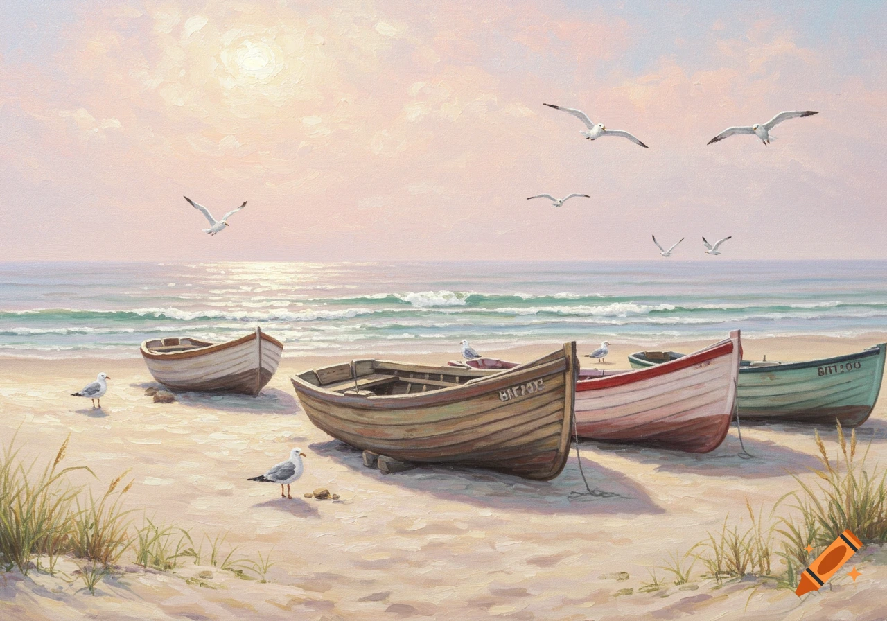 Painting of wooden fishing boats on a sandy beach with gentle waves, seagulls flying, and a soft sunrise.