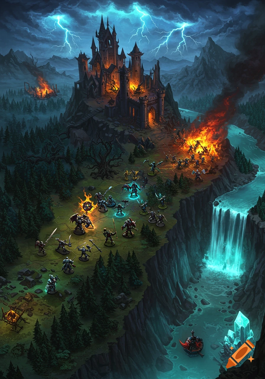 Fantasy battle map showing a dark castle, armies clashing with fire, a ...