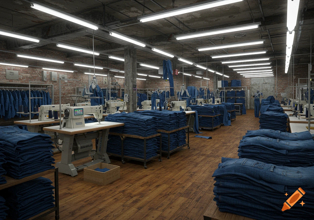 Photorealistic image of a jeans factory with rows of sewing machines and stacks of folded blue denim fabric.