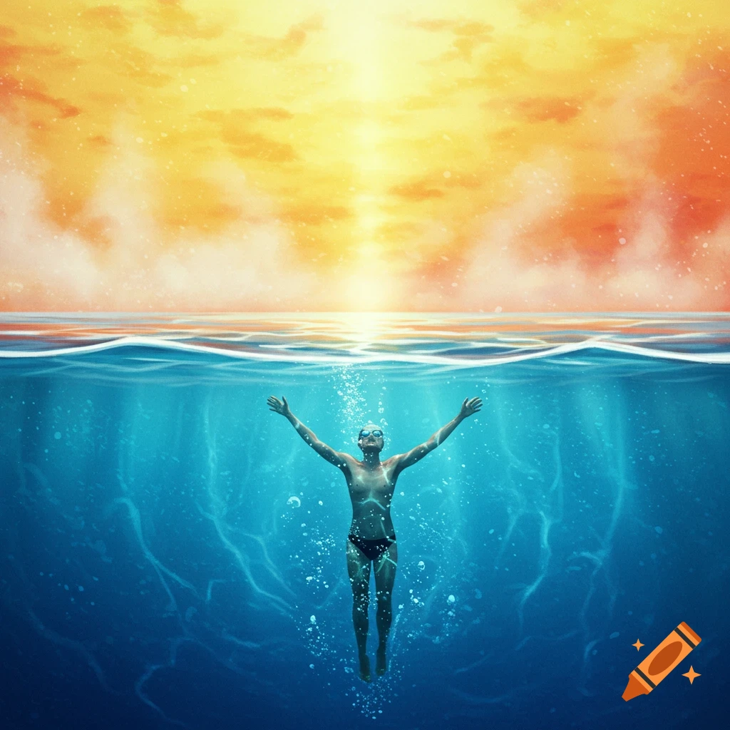 Artistic illustration of a person underwater with arms raised, cool blue below, and a hot orange and yellow sky above.