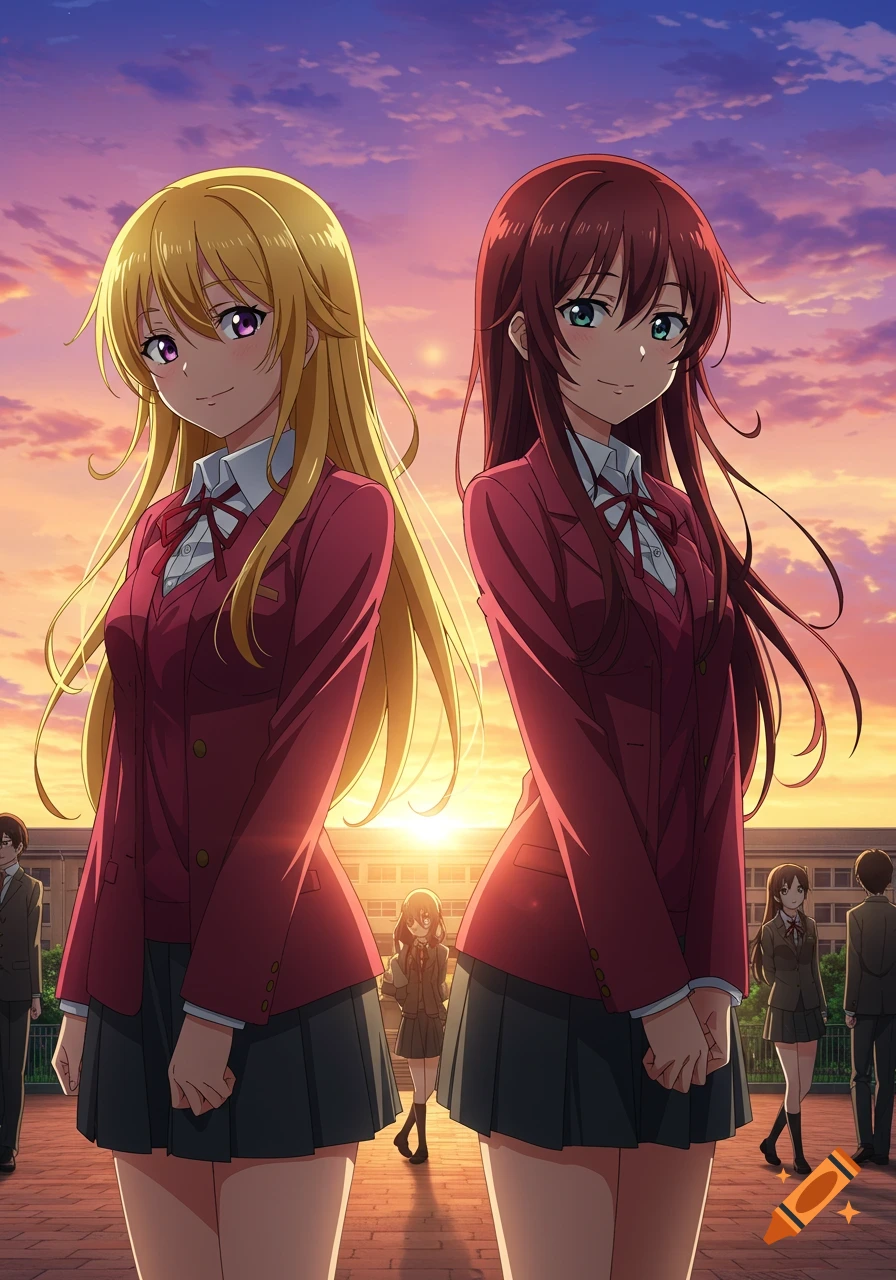 Two anime girls with long blonde and brown hair, in red school uniforms, stand at sunset in front of a school.
