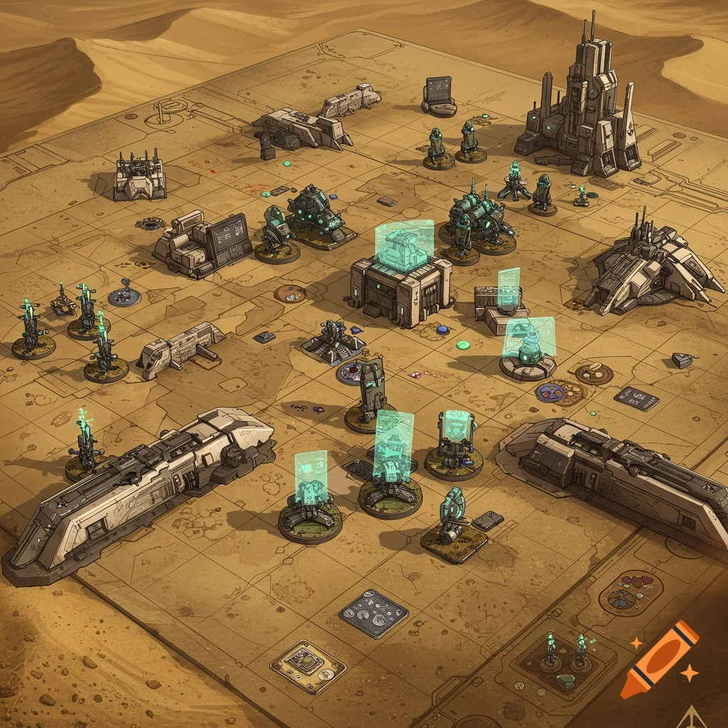 An isometric view of a futuristic sci-fi board game set on a desert landscape, featuring various miniature structures, vehicles, and holographic game pieces.