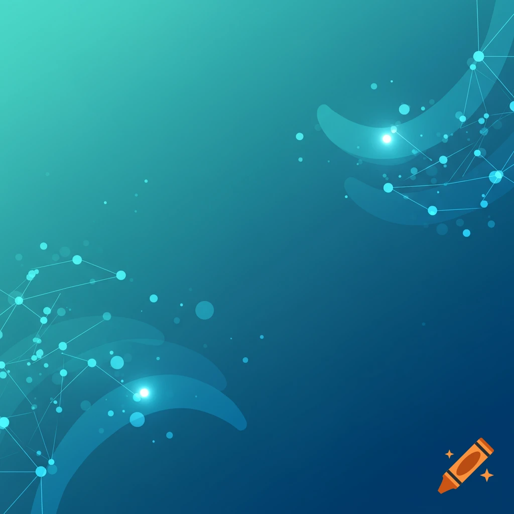 Abstract digital background with a teal to blue gradient, featuring connected dots, lines, and light flares.