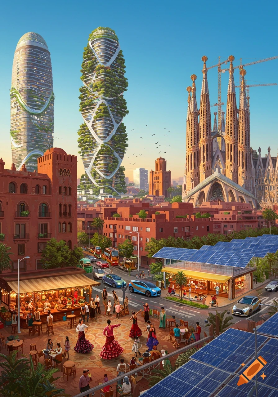 Vibrant illustration of a futuristic Spanish city featuring green skyscrapers, the Sagrada Familia, street dancers, and bustling shops.