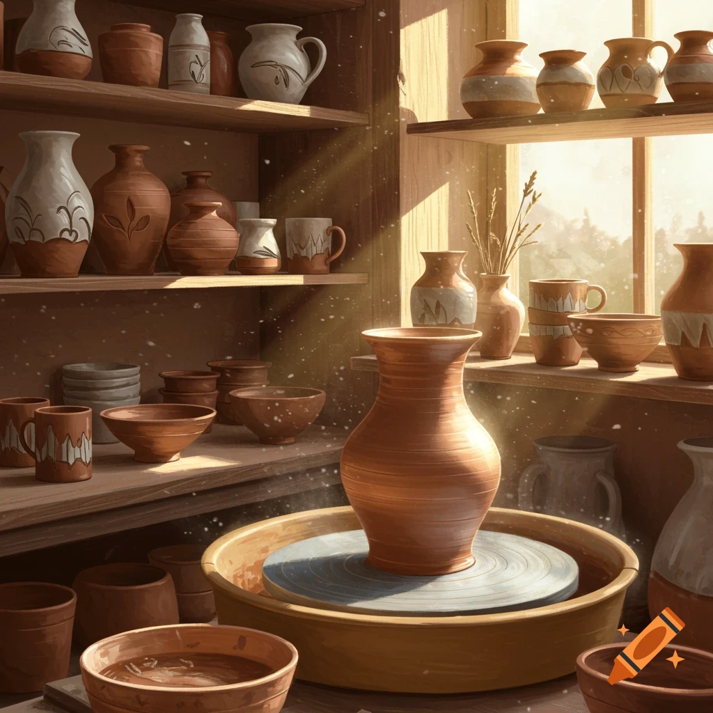 A sunlit pottery workshop filled with shelves of handcrafted ceramic pots, vases, and bowls, with a large vase on a wheel.