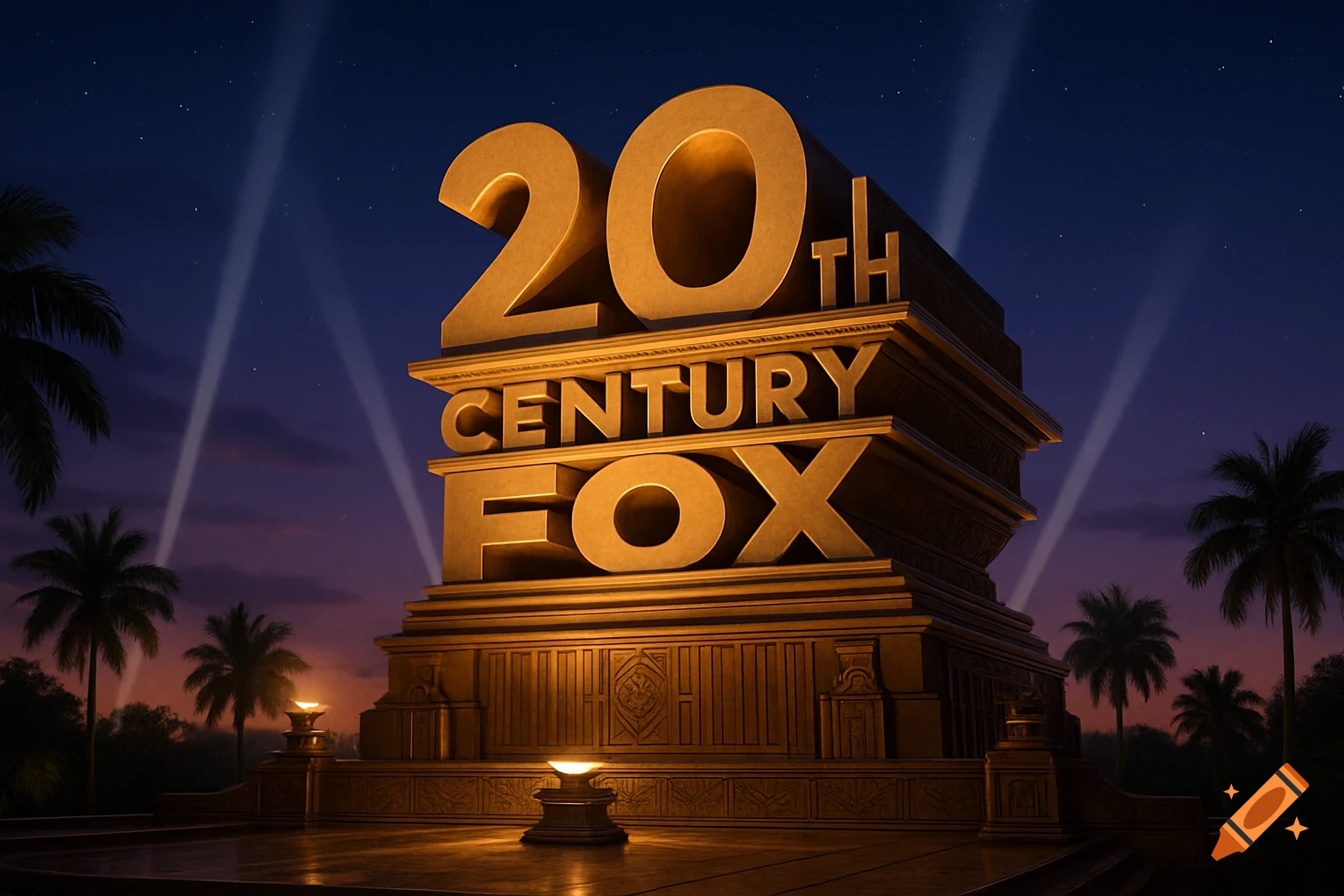 A detailed, photorealistic depiction of the 20th Century Fox logo monument at twilight, with spotlights and palm trees.