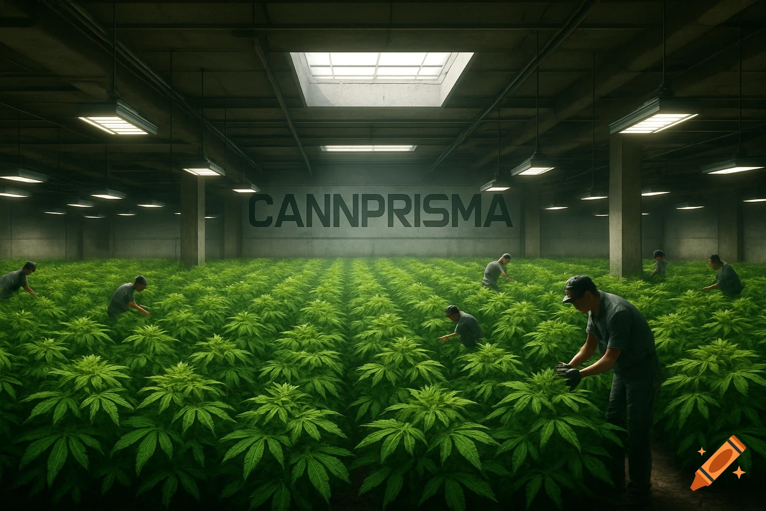 Workers tend to rows of green cannabis plants in a large indoor grow facility with 'CANNPRISMA' on the back wall.