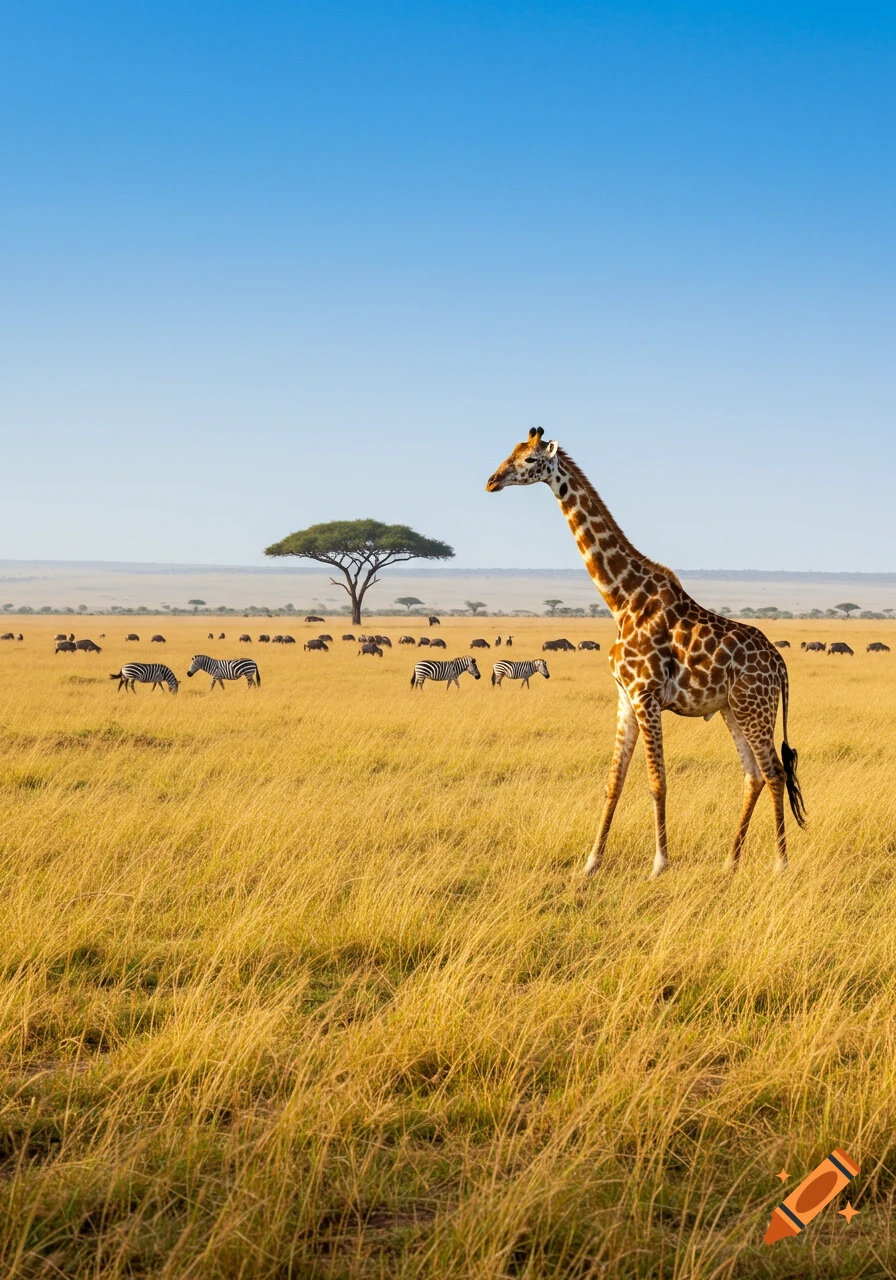 A giraffe walks through a golden savanna field with zebras and an acacia tree under a clear blue sky, photorealistic.
