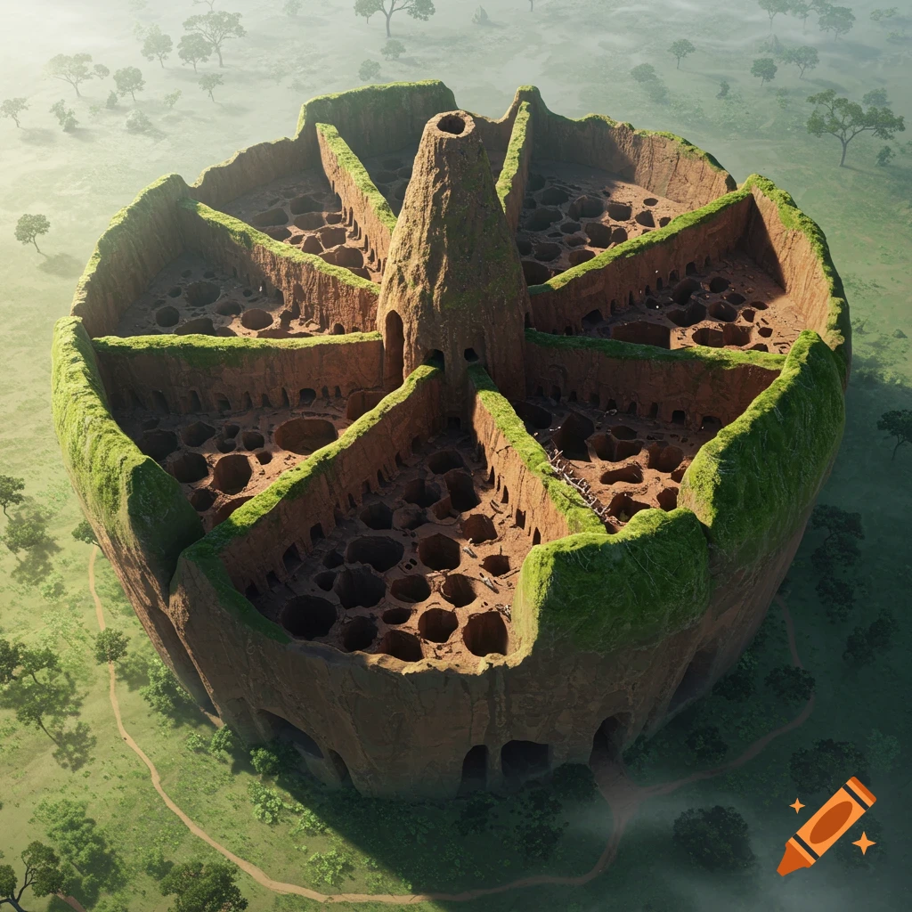 Aerial view of a colossal, open, wheel-shaped brown termite mound with green moss in a misty landscape.