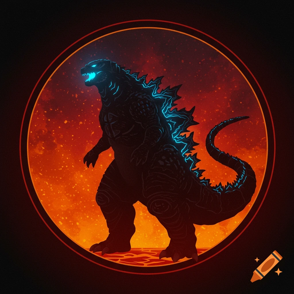 Stylized silhouette of Godzilla with glowing blue spines and mouth, in a red and orange fiery circle logo.