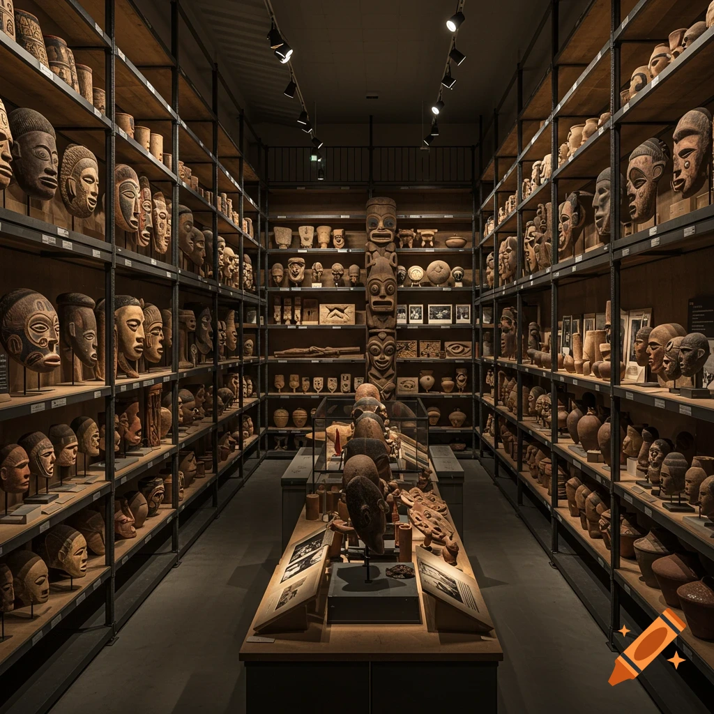 A dimly lit museum storage space with rows of shelves filled with various wooden masks, sculptures, and artifacts, in a photorealistic style.