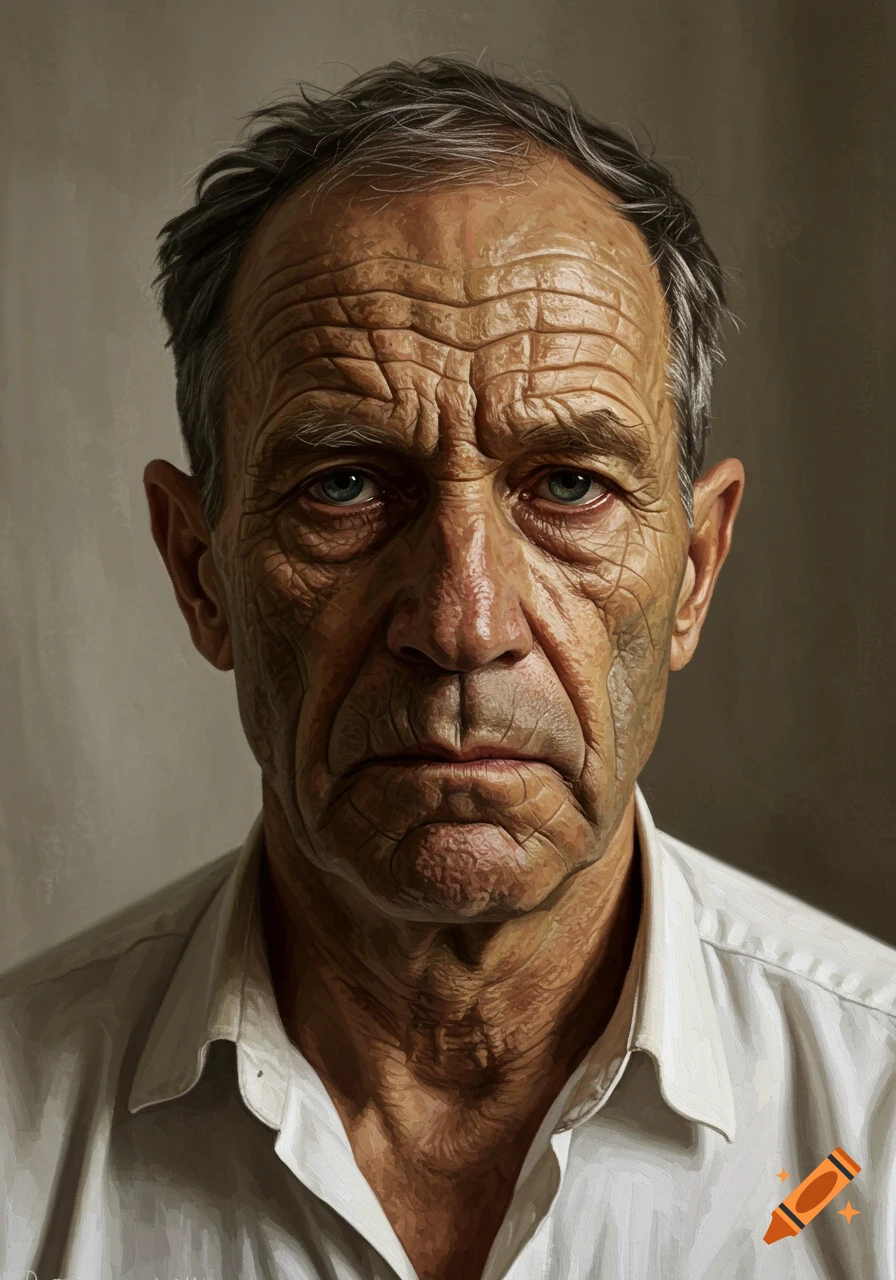 A highly detailed, textured painted portrait of an elderly man with deep wrinkles and a serious expression, in the style of Lucian Freud.