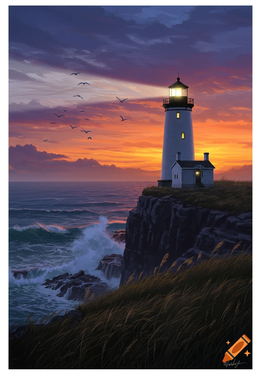 A dramatic lighthouse stands on a rocky cliff overlooking a turbulent sea at sunset, with birds flying in the vibrant sky.