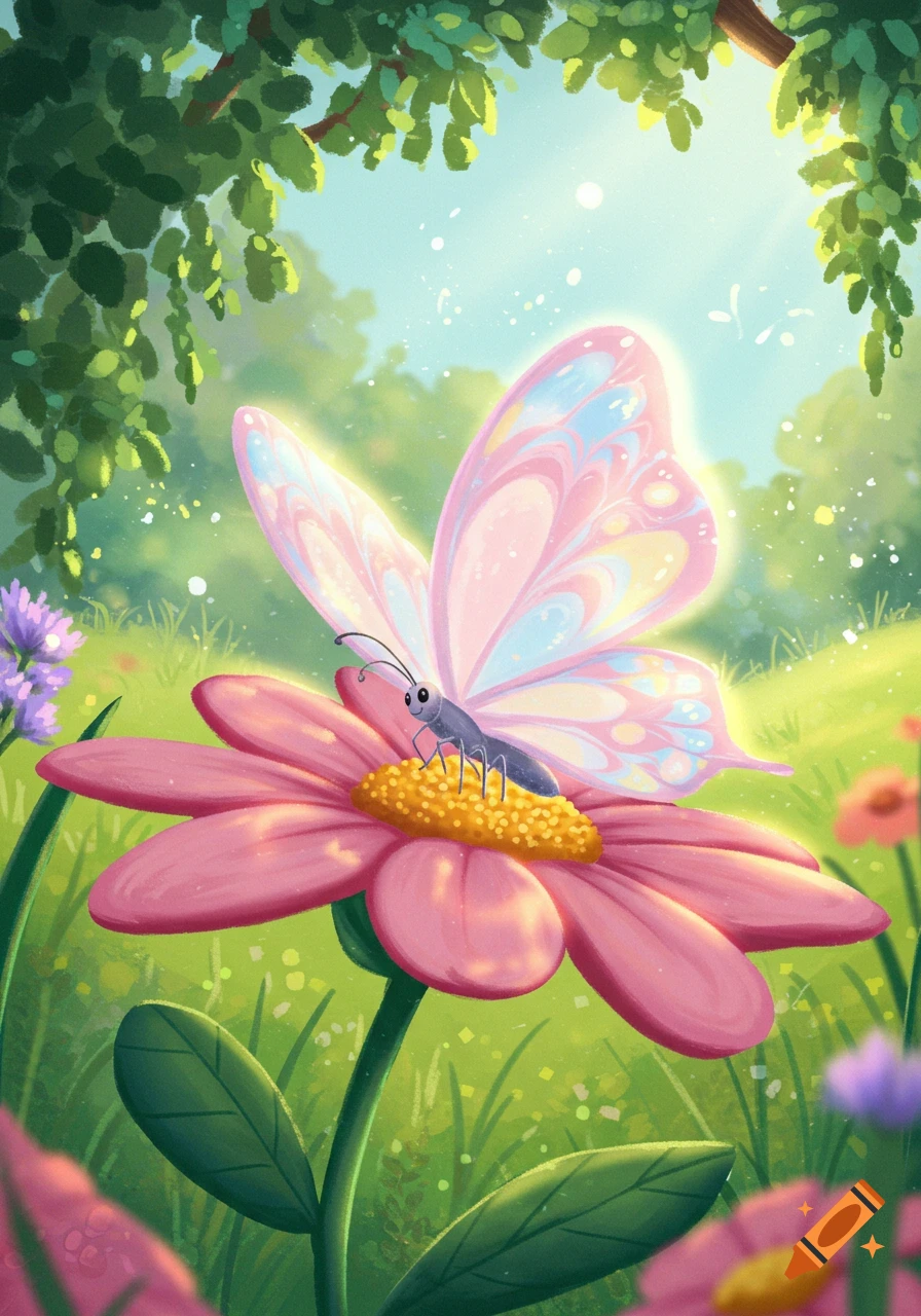 A bright cartoon butterfly with glowing pink, blue, and yellow wings sits on a large pink flower in a sunny, green garden.